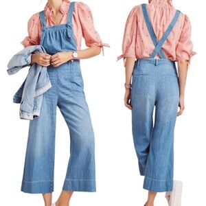 Pilcro Anthropologie Wide-Leg Cropped Tie-Front Blue Denim Overalls Size 26